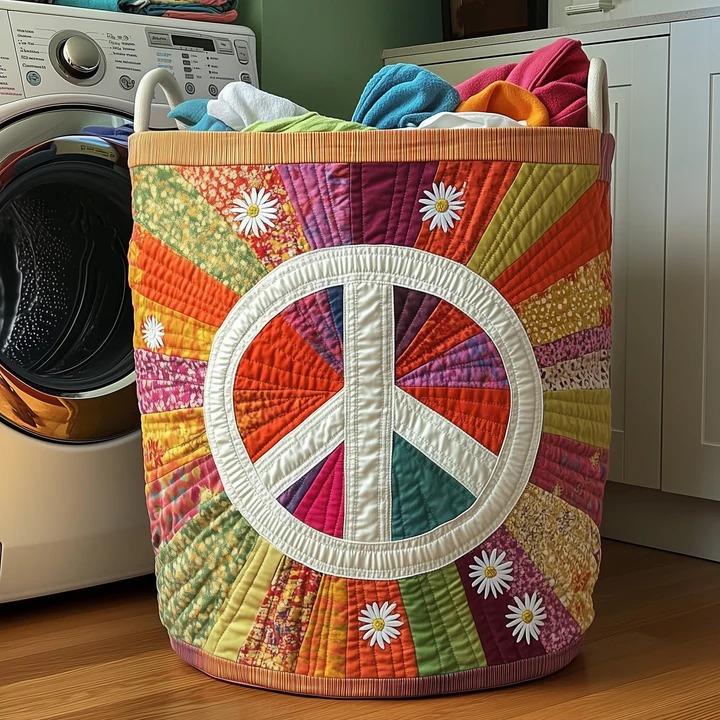 Hippie Peace Sign Sunburst Daisy Quilted Laundry Basket Boho Rainbow Home Storage Gift For Her