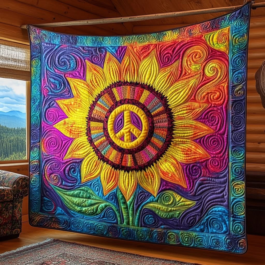 Hippie Rainbow Sunflower Quilted Blanket Bohemian Room Decor Gifts For Sunflower Lovers
