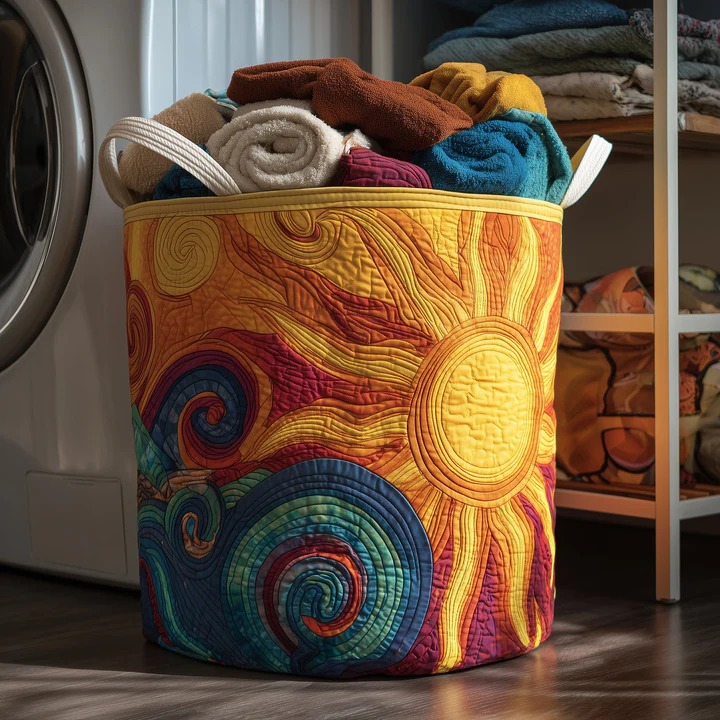 Hippie Sun Swirl Boho Quilted Laundry Basket Psychedelic Celestial Home Storage Gift For Her