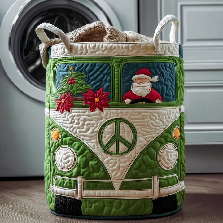 Hippie Van Christmas Quilted Laundry Basket Santa VW Bus Holiday Boho Home Decor Gift Ideas