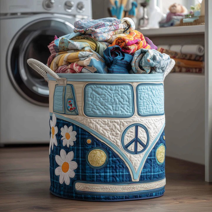 Hippie Van Daisy Blue Quilted Laundry Basket VW Bus Boho Plaid Home Storage Gift Ideas