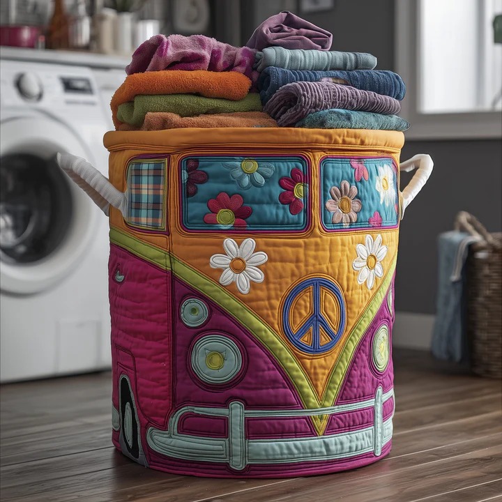 Hippie Van Daisy Flower Quilted Laundry Basket Pink Yellow VW Bus Boho Home Gift Ideas