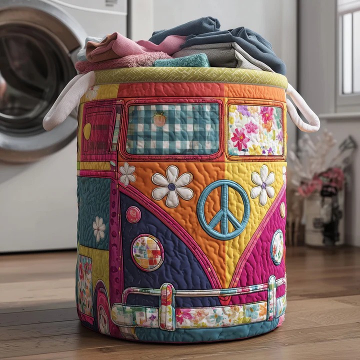 Hippie Van Daisy Patchwork Quilted Laundry Basket VW Bus Boho Colorful Home Storage Gift Ideas