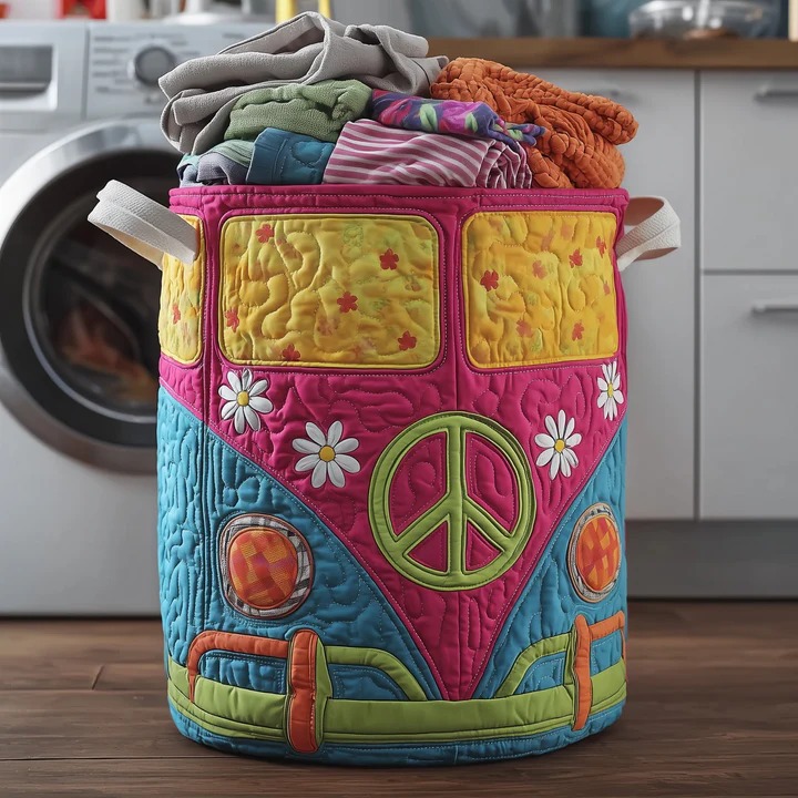 Hippie Van Daisy Pink Blue Quilted Laundry Basket VW Bus Boho Colorful Home Gift For Her