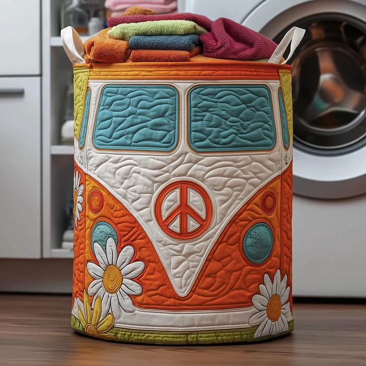 Hippie Van Daisy Quilted Laundry Basket Orange VW Bus Flower Power Boho Home Gift Ideas
