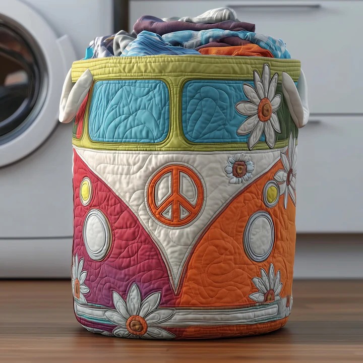 Hippie Van Daisy Quilted Laundry Basket Purple Orange VW Bus Boho Gift For Hippie Lovers