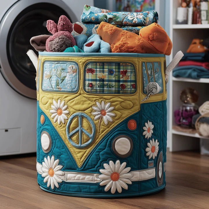 Hippie Van Daisy Teal Yellow Quilted Laundry Basket VW Bus Boho Home Storage Best Gift Ideas