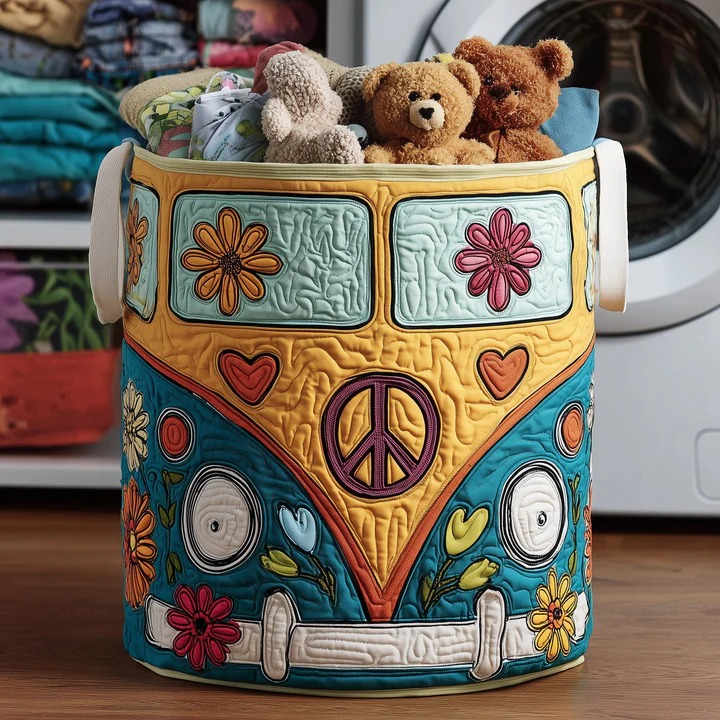 Hippie Van Flower Heart Quilted Toy Laundry Basket Teal Yellow Boho Kids Storage Gift For Kids