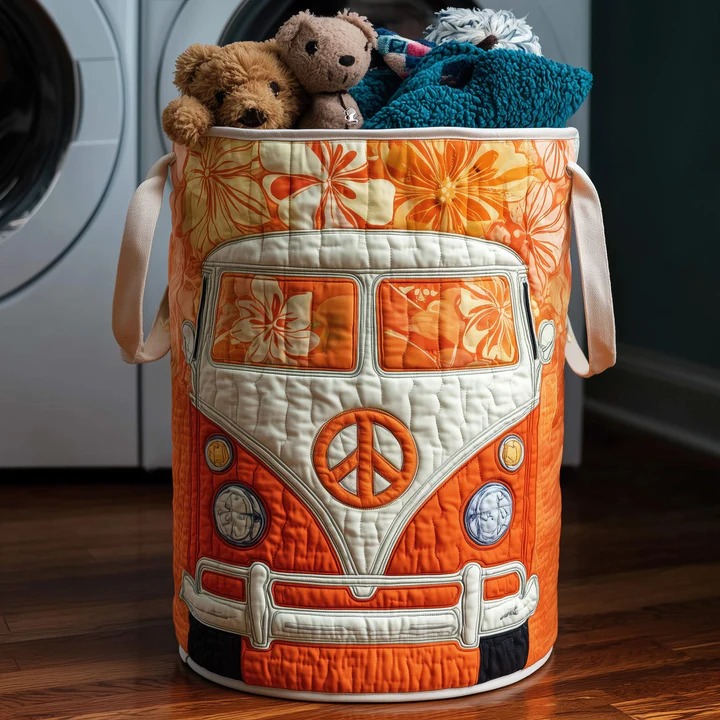 Hippie Van Hibiscus Quilted Toy Laundry Basket Orange VW Bus Floral Boho Kids Home Decor Gift