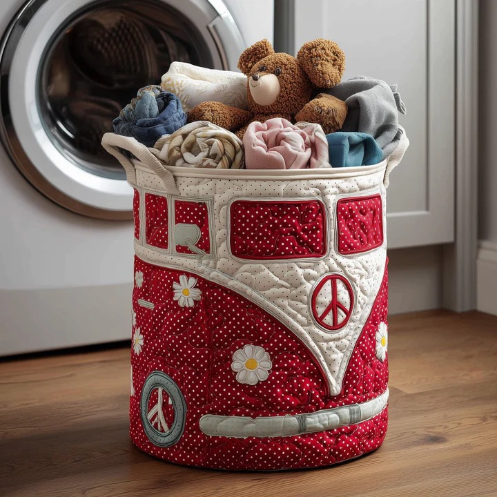 Hippie Van Polka Dot Daisy Quilted Laundry Basket Red VW Bus Boho Home Gift Ideas