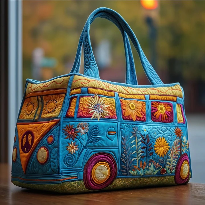 Hippie Van Quilted Duffle Bag Retro Boho Floral Bag Best Gift For Free Spirit Lovers
