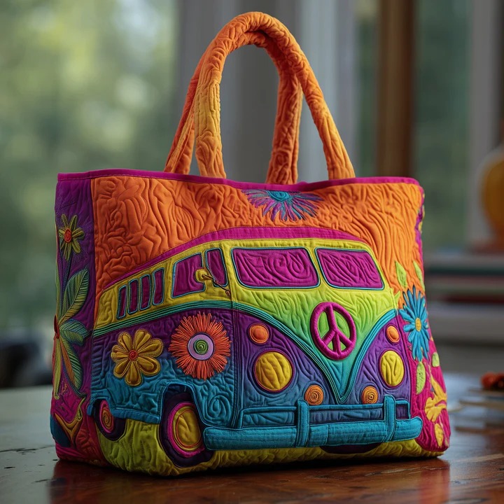 Hippie Van Quilted Tote Bag Boho Peace Floral Bag Best Gift For Free Spirit Women