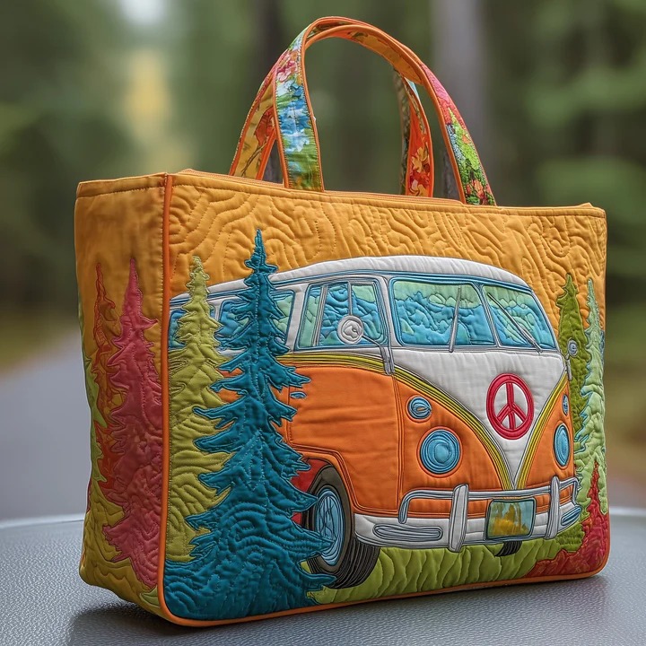 Hippie Van Quilted Tote Bag Forest Nature Peace Bag Boho Best Gift For Campers