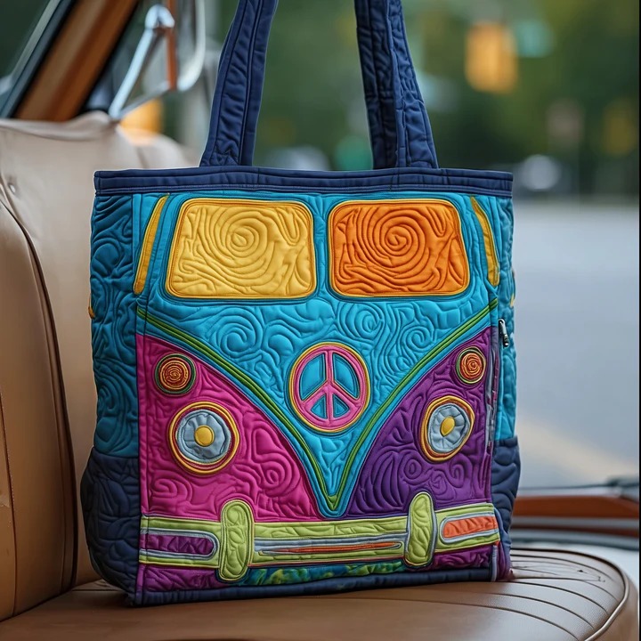 Hippie Van Quilted Tote Bag Navy Blue Peace Boho Bag Best Gift For Hippie Women
