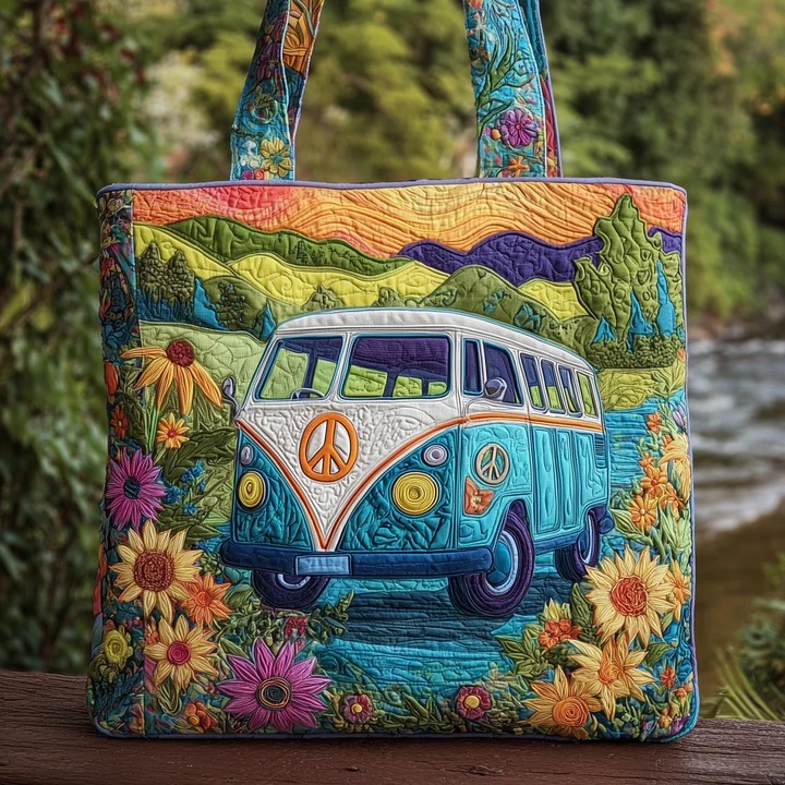 Hippie Van Quilted Tote Bag Wildflower Nature Boho Peace Bag Best Gift For Women