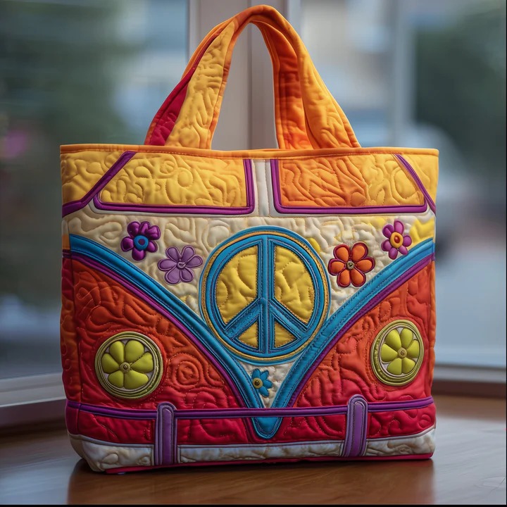 Hippie Van Quilted Tote Bag Yellow Orange Peace Sign Bag Best Boho Gift For Women