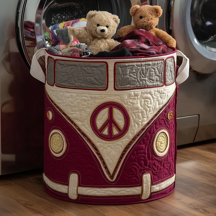 Hippie Van Quilted Toy Laundry Basket Burgundy VW Bus Boho Kids Room Storage Best Gift Ideas