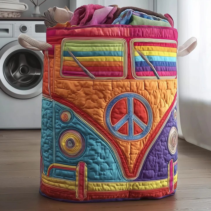 Hippie Van Rainbow Stripe Quilted Laundry Basket VW Bus Boho Colorful Home Gift Ideas
