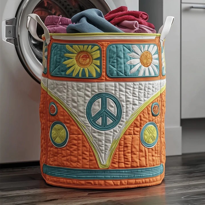 Hippie Van Sunflower Quilted Laundry Basket Orange Teal VW Bus Boho Home Storage Gift Ideas