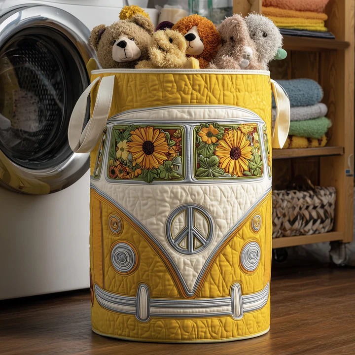 Hippie Van Sunflower Quilted Toy Basket Yellow VW Bus Boho Kids Home Storage Best Gift Ideas