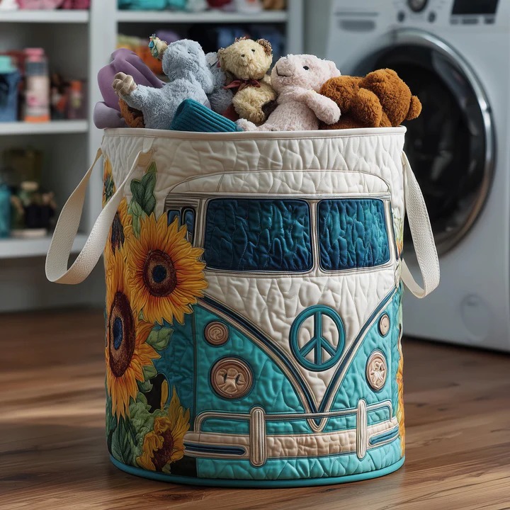 Hippie Van Sunflower Quilted Toy Laundry Basket Teal Blue VW Bus Boho Kids Gift Ideas