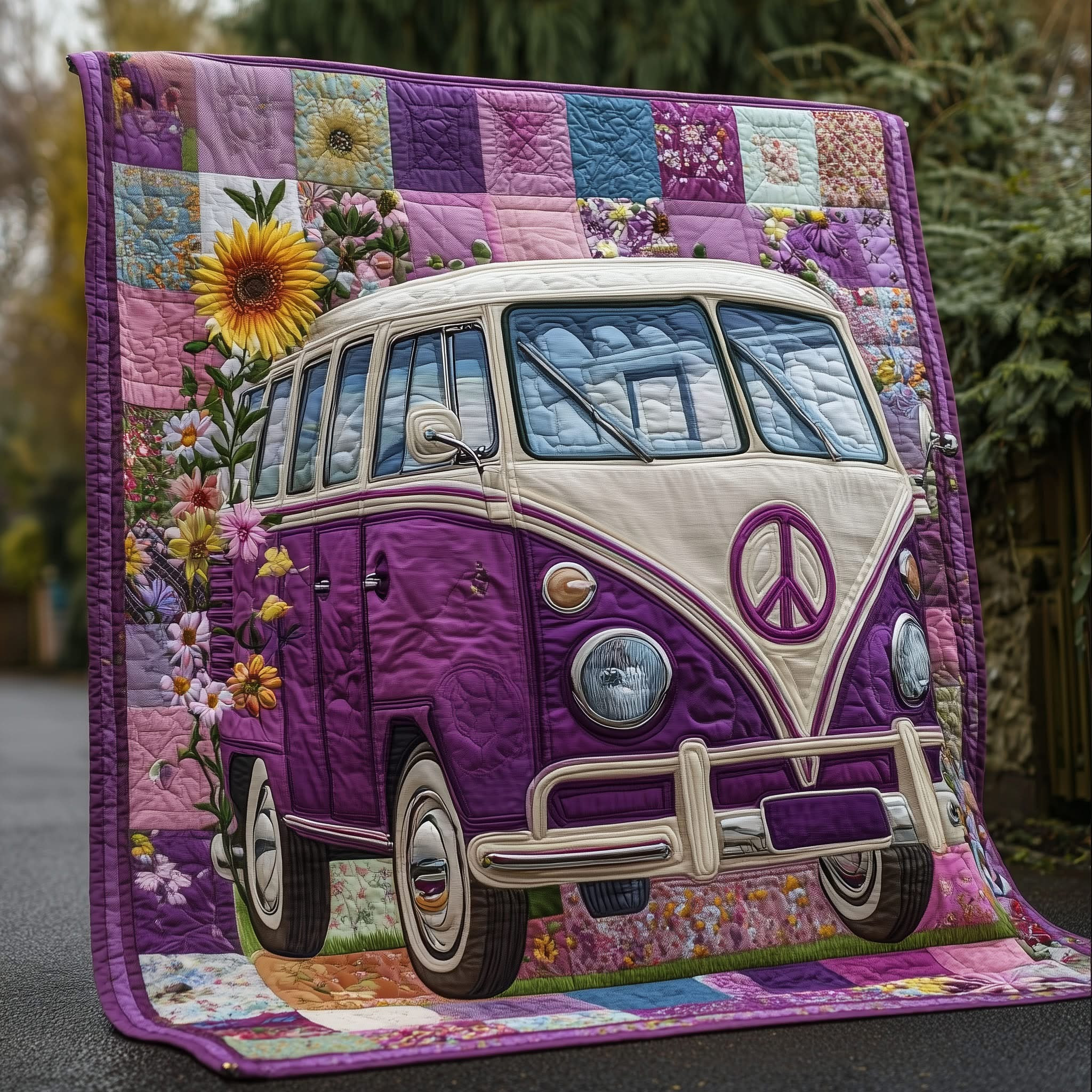 Hippie Volkswagen Bus Floral Quilted Blanket Boho Style Blanket Gifts For Women