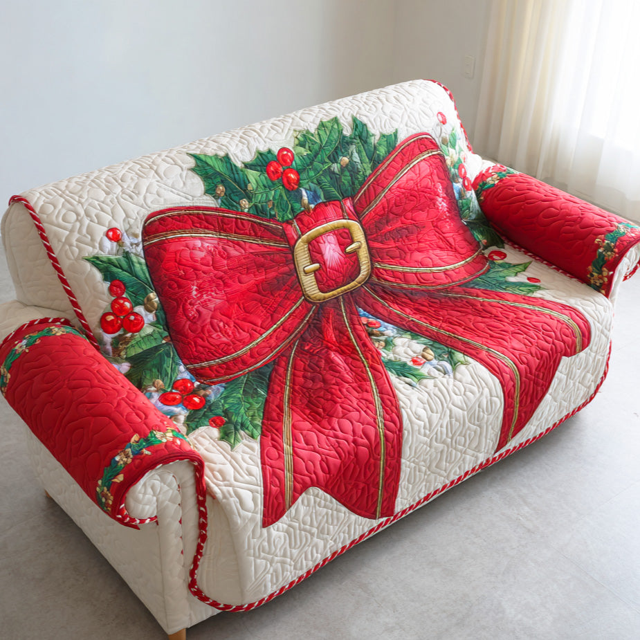 Holiday Bow Delight Quilted Sofa Cover Christmas Living Decor Family Presents
