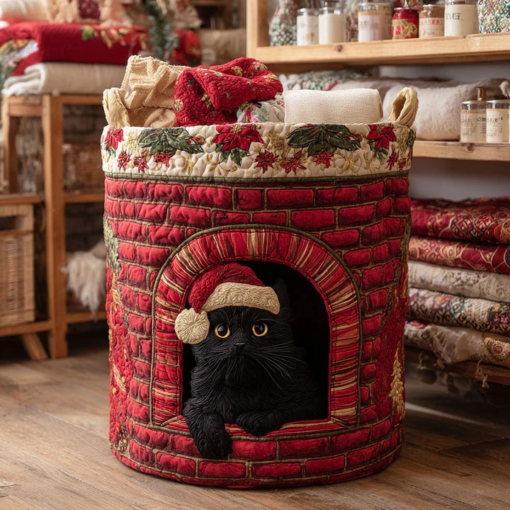 Holiday Fireplace Cat Quilted Laundry Basket Christmas Cozy Cat Home Decor Gift For Cat Mom