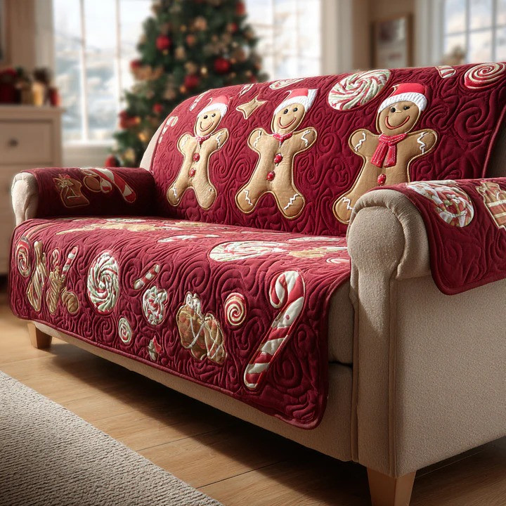 Holiday Gingerbread Man Quilted Sofa Cover Christmas Festive Furniture Protector Best Xmas Gift