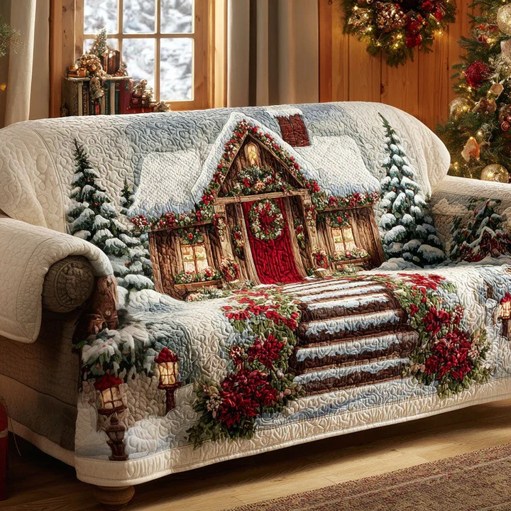 Holiday Welcome Cabin Quilted Sofa Cover Christmas Rustic Furniture Protector Best Xmas Gift Ideas