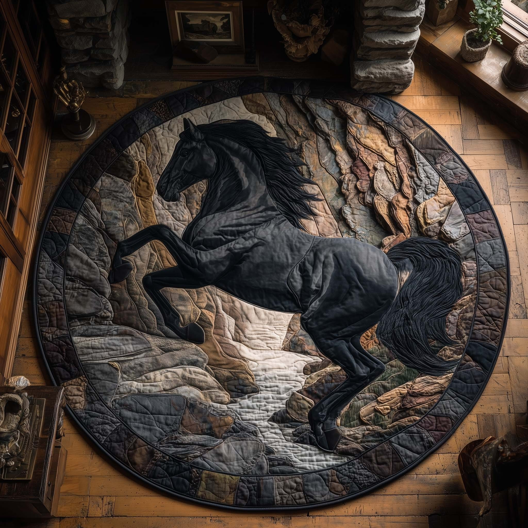 Horse Canyon Shadow Quilted Round Mat Rustic Circle Mats Home Decor Gifts For Horse Lovers
