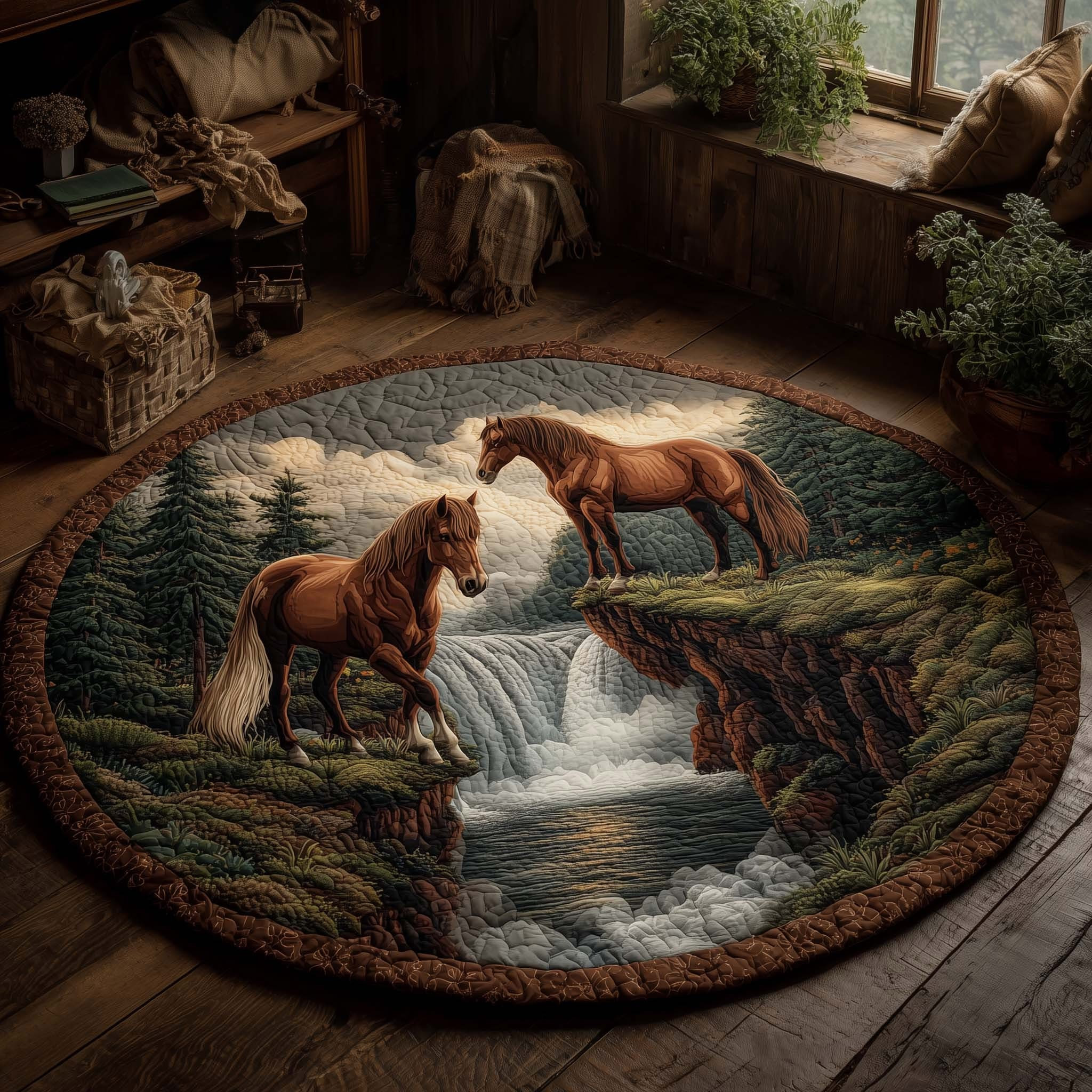 Horse Cliffside Encounter Quilted Round Mat Home Decor Best Gifts For Horse Lovers