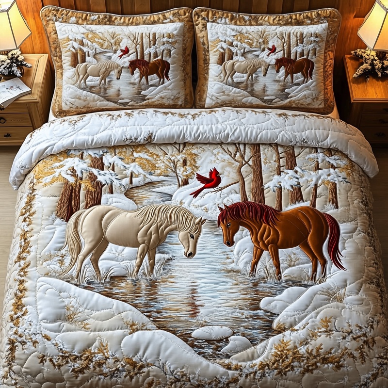Horse Couple Winter Quilted Bedding Set Snowy Horse Bedroom Decor Gift For Horse Lovers