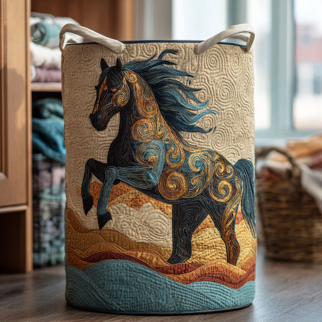 Horse Whisper Quilted Laundry Basket Running Horse Hamper Fabric Rustic Farm Gift