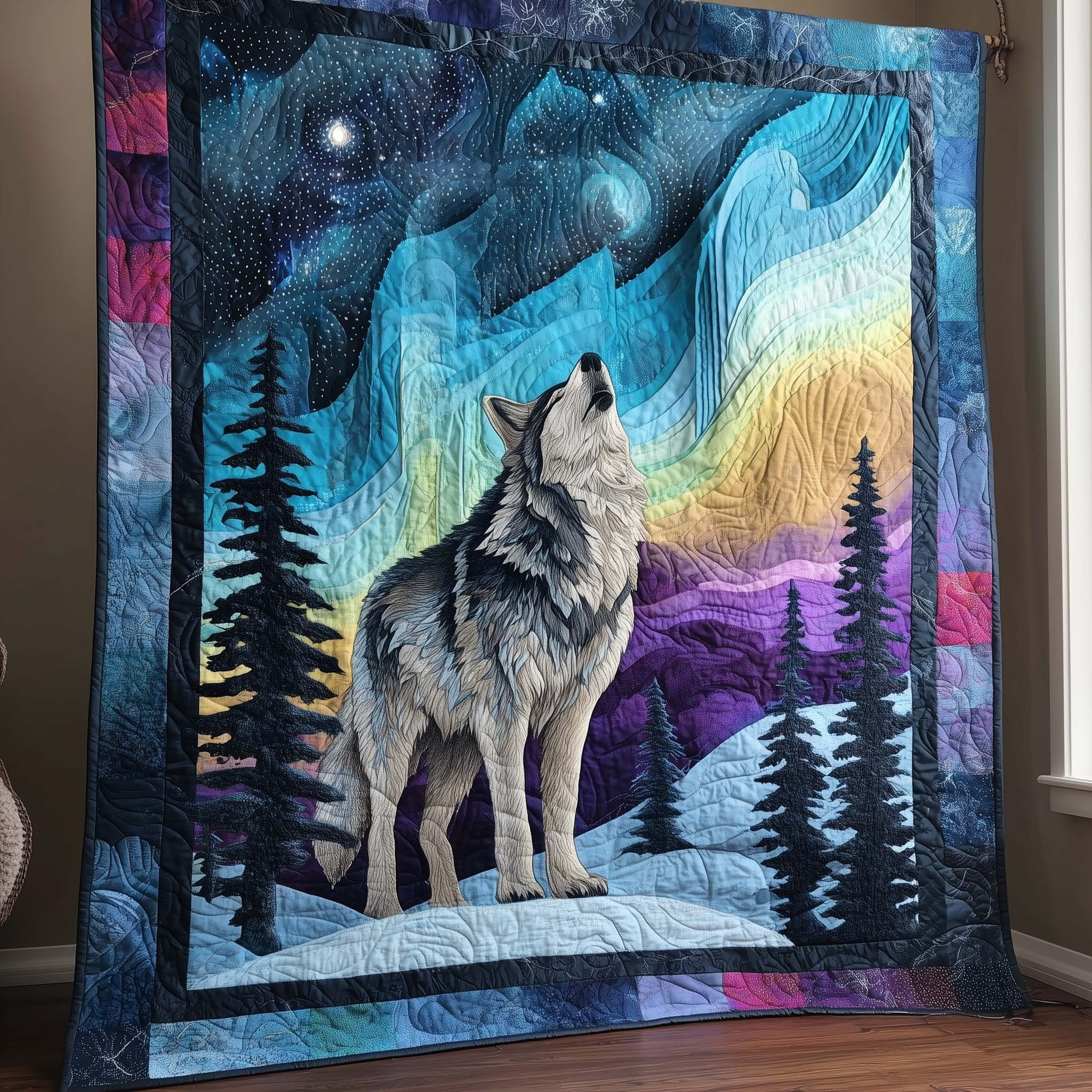 Howling Wolf Aurora Borealis Quilted Blanket Best Unique Gifts For Wolf Lovers For Him Her