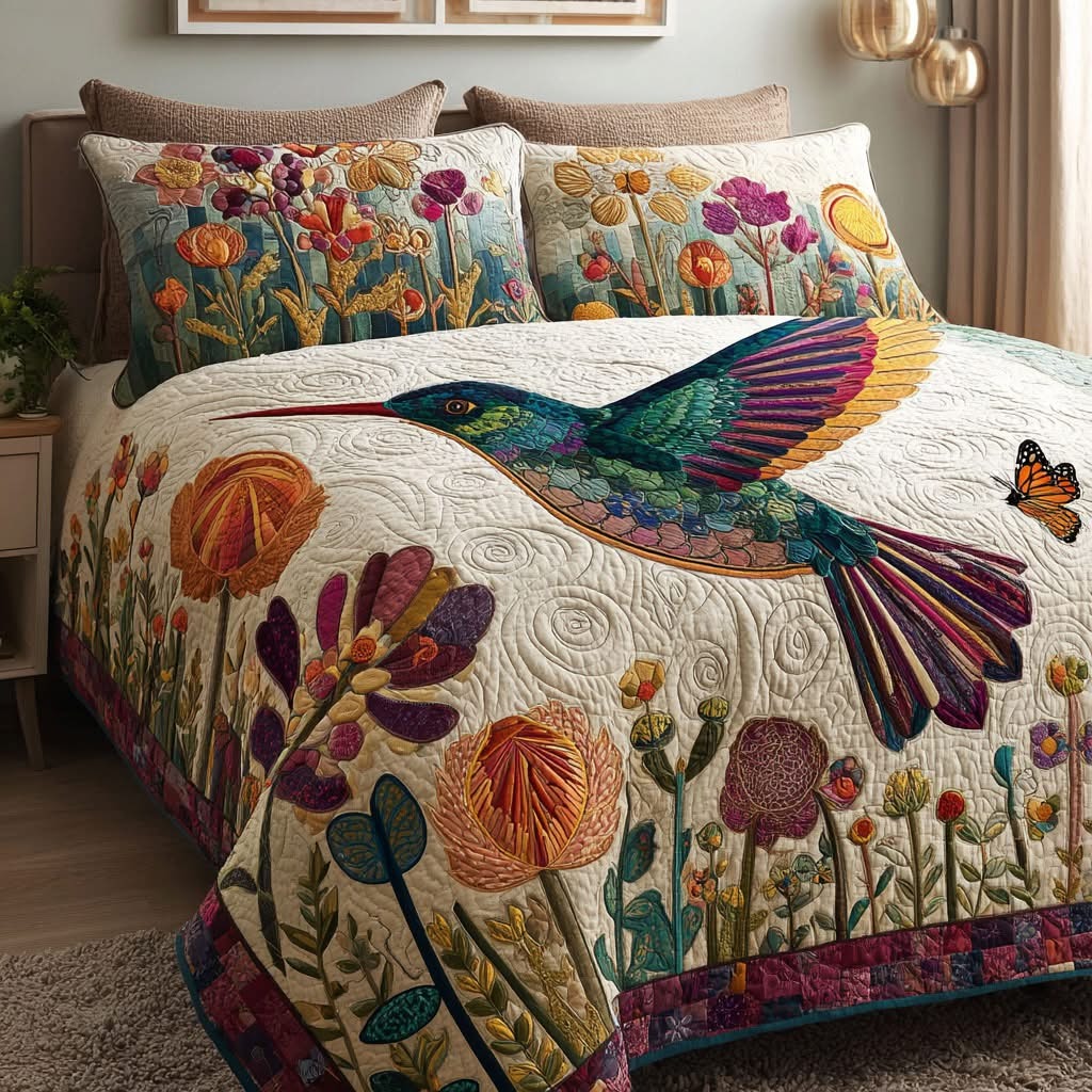 Hummingbird Blooming Wings Quilted Bedding Set Vibrant Floral Bedspread Set Gifts For Mom