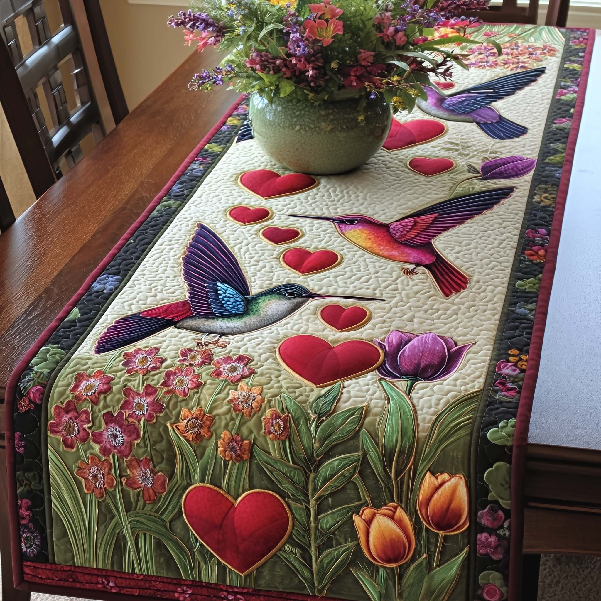 Hummingbird Charm Quilted Table Runner Rustic Kitchen Dining Decor Gift For Cozy Family Home