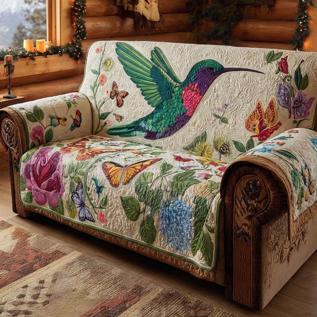 Hummingbird Floral Flight Quilted Sofa Cover Vibrant Couch Covers Gifts For Hummingbird Lovers