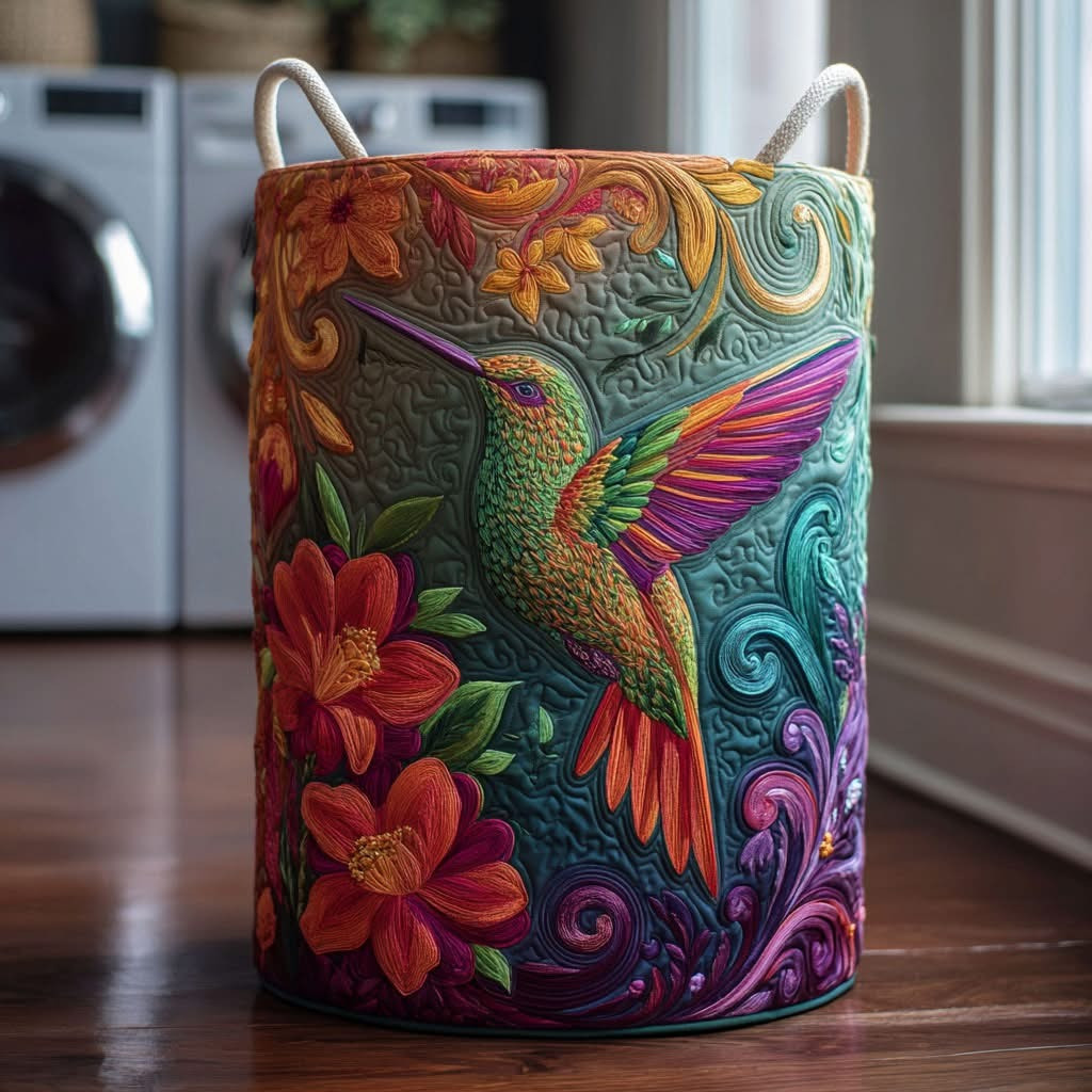 Hummingbird Glow Quilted Laundry Basket Colorful Clothes Basket Present For Hummingbird Lovers