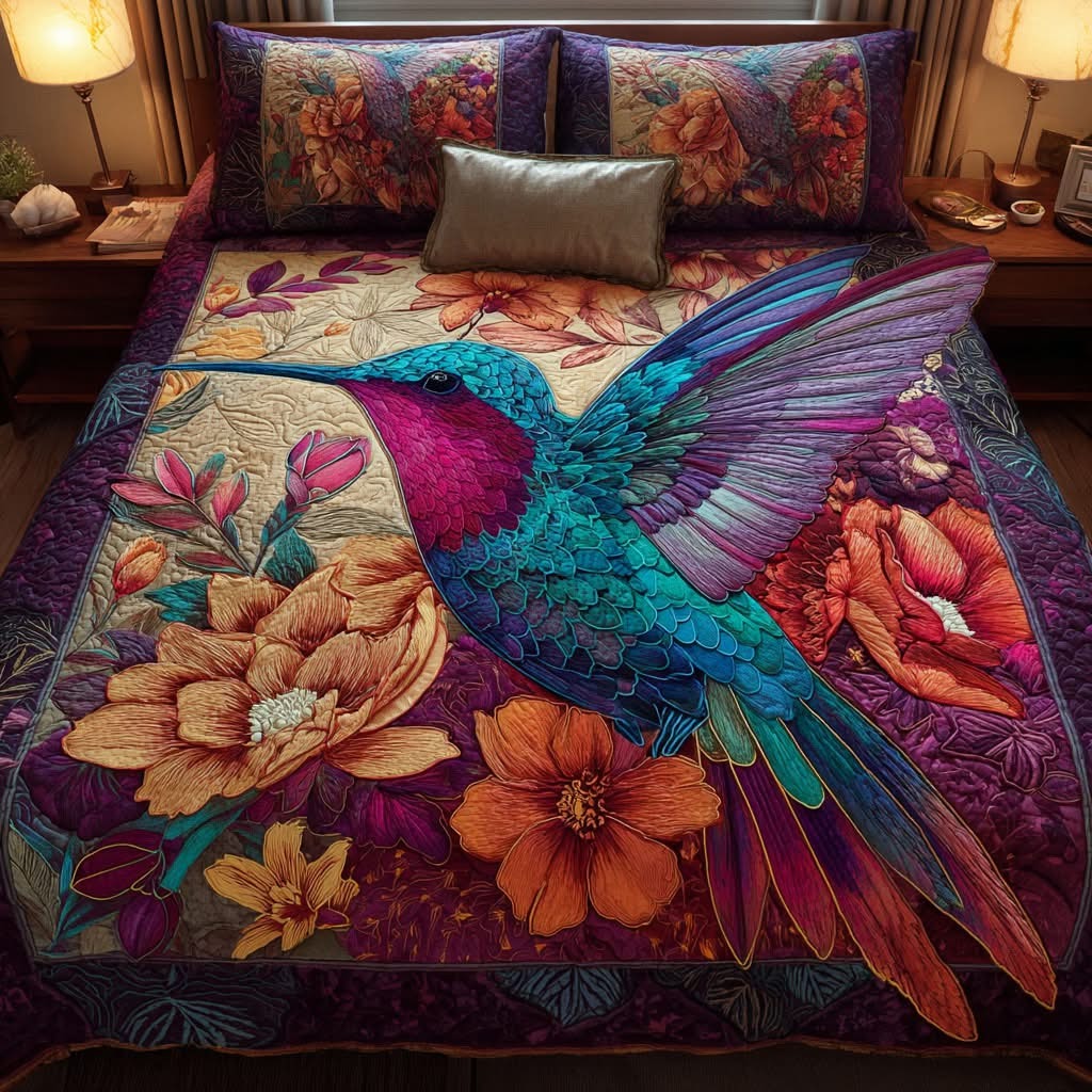 Hummingbird Haven Quilted Bedding Set Vibrant Floral Bed Sheet Set Hummingbird Themed Gifts