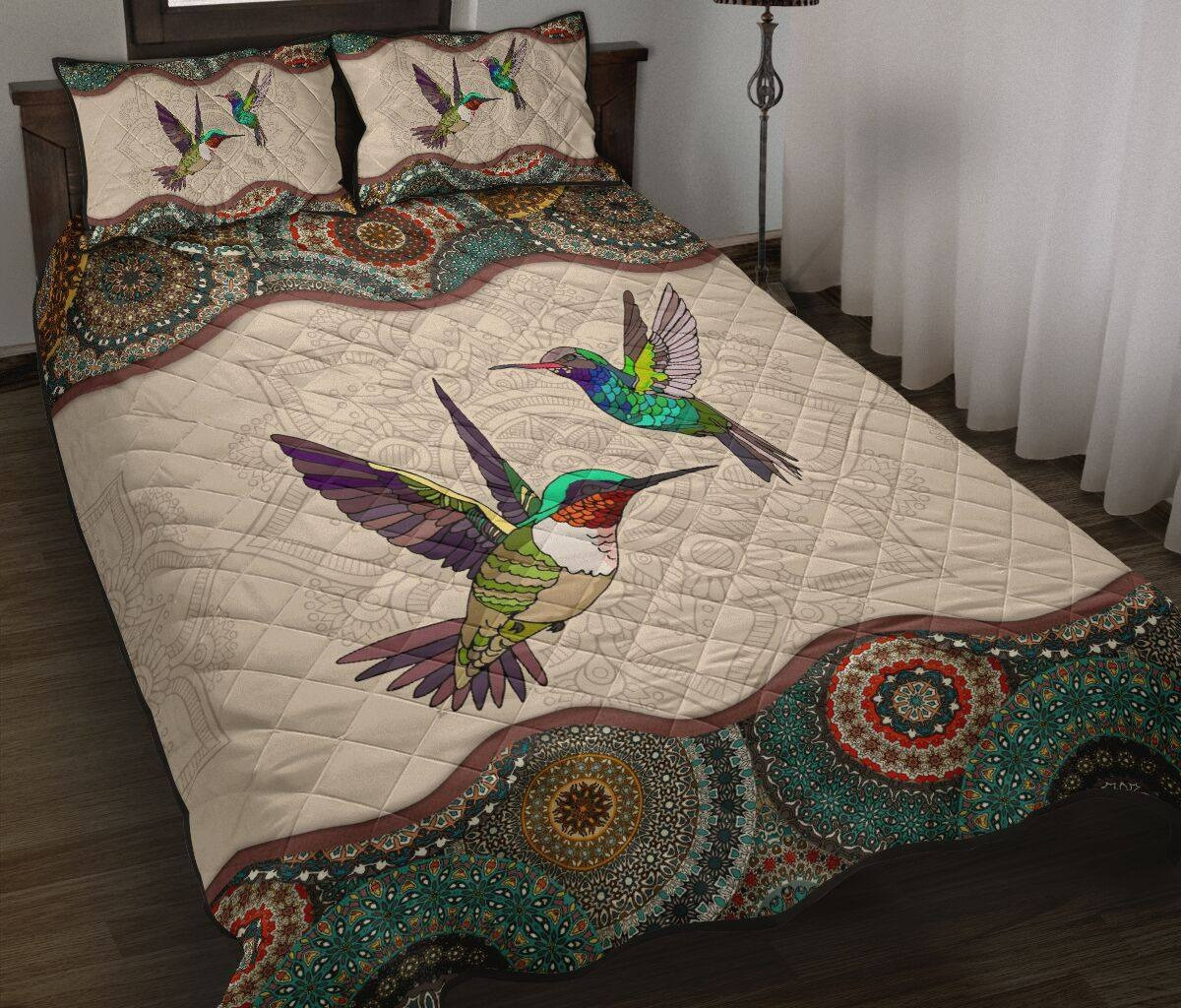 Hummingbird Mandala Quilt Bedding Set Best Bedspread Set Hummingbird Lovers Gifts