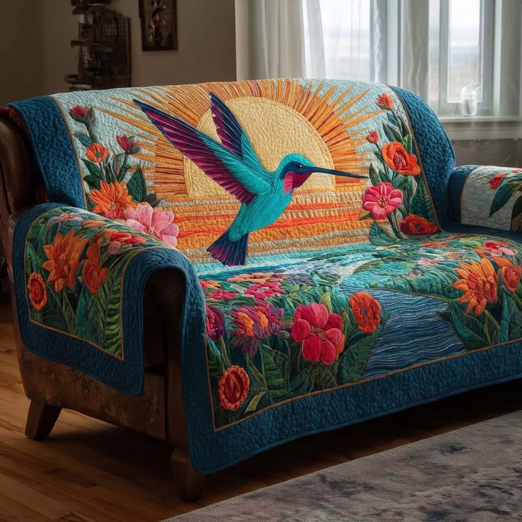 Hummingbird Meadow Quilted Sofa Cover Vibrant Floral Sofa Couch Cover Gifts For Friends