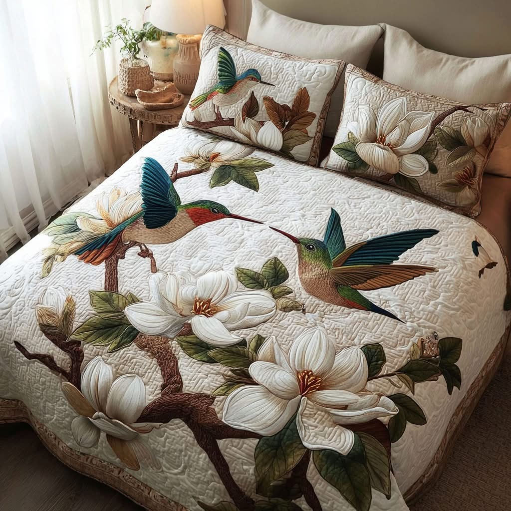 Hummingbird Nectar Kiss Quilted Bedding Set Elegant Bedspread Set Hummingbird Lover Gifts