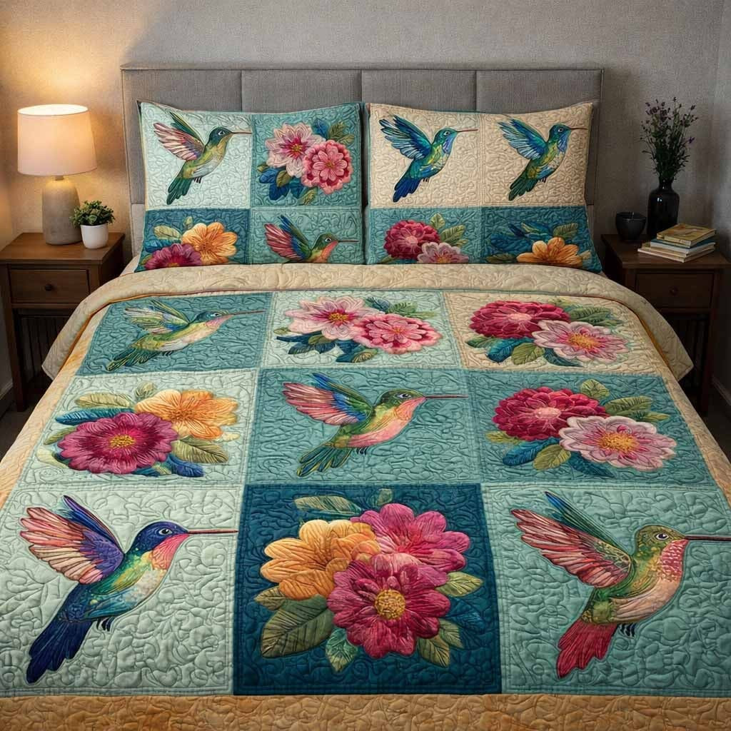 Hummingbird Patchwork Wings Quilted Bedding Set Cute Floral Sheets Mother's Day Gifts Ideas