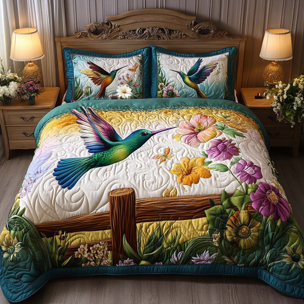 Hummingbird Quilted Bedding Set Bird Lover Bedroom Decor Boho Home Best Gift For Bird Lovers