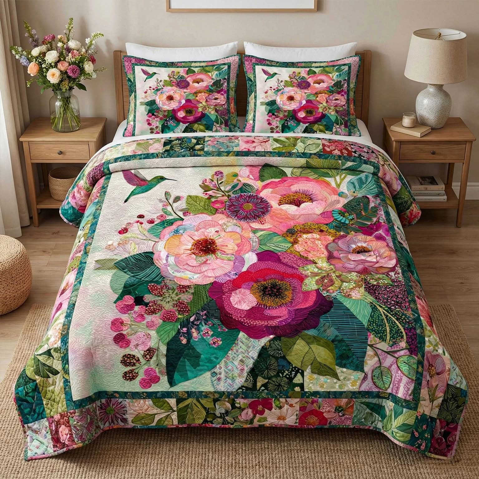 Hummingbird Radiant Bloom Quilted Bedding Set Best Bedding Comforter Sets Gifts For Mother