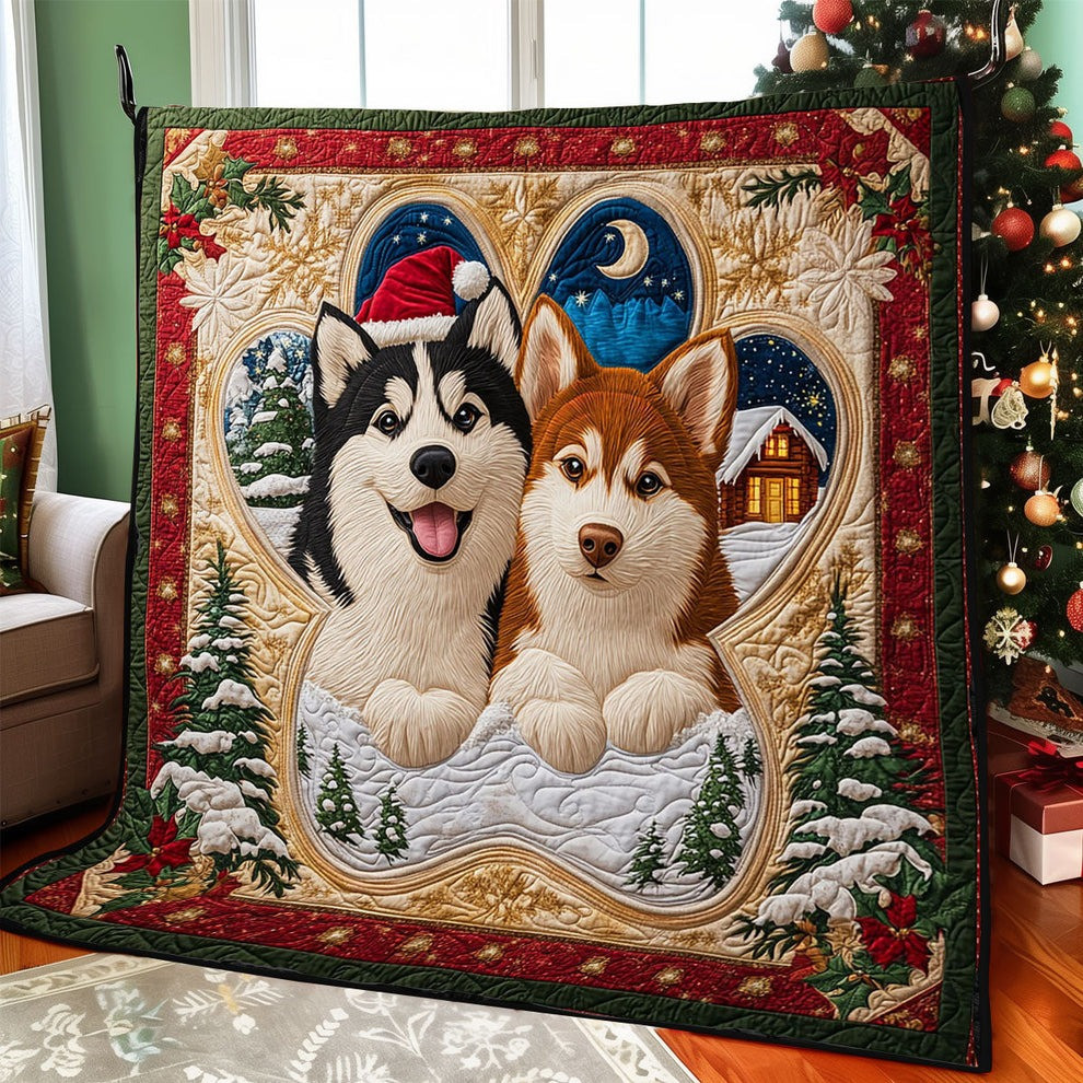 Husky Dog Christmas Quilted Blanket Cute Dog Themed Gifts For Husky Lovers