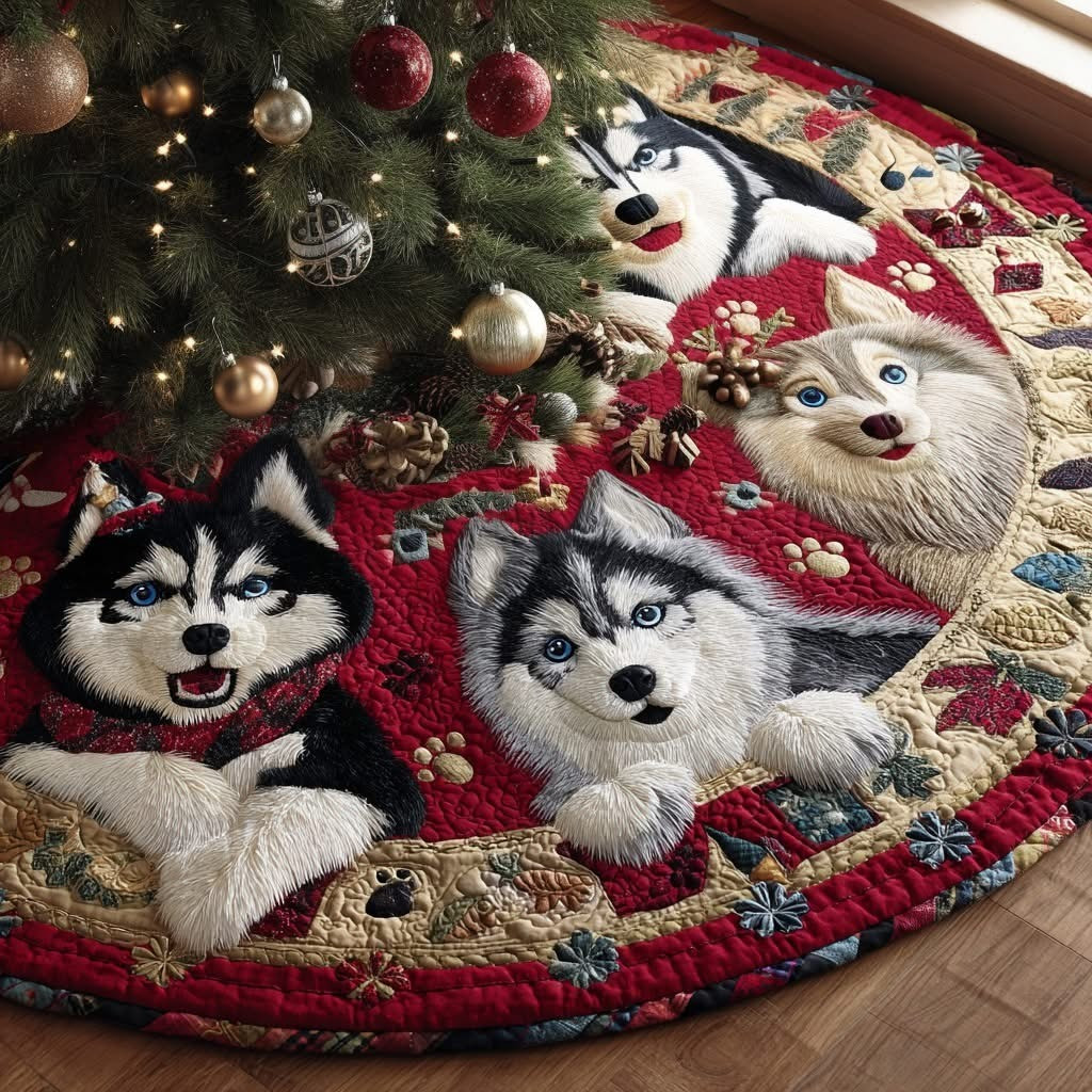 Husky Dog Quilted Christmas Tree Skirt Xmas Decoration Gifts For Husky Lovers