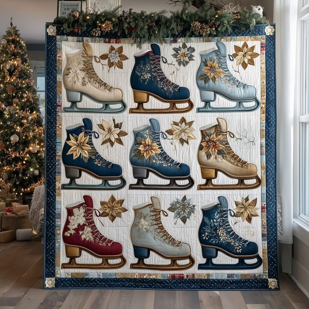 Ice Skates Quilted Blanket Beautiful Xmas Gift For People Who Love Ice Skating