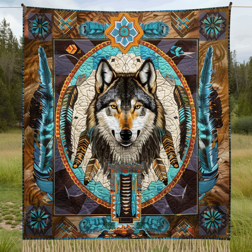 Indigenous Wolf Quilted Blanket Best Bed Sheet Set Native American Presents